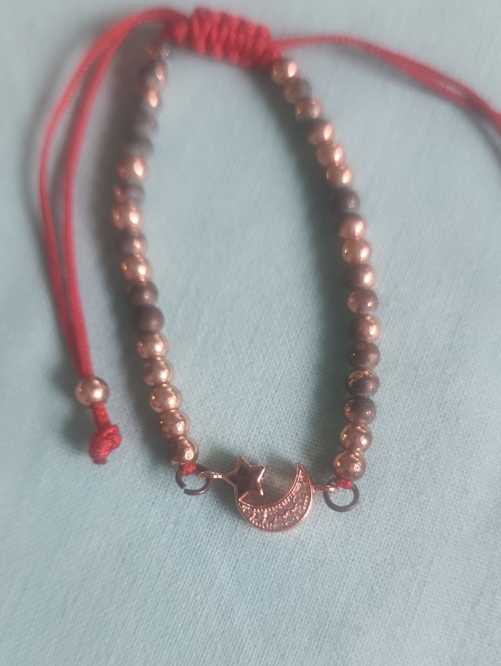 Rose Gold Moon & Star Green & Gold Beaded Red String Adjustable Bracelet